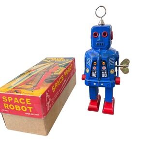 Schylling Tin Space Robot Wind Up Toy w Box MS403 Blue Red Not Working